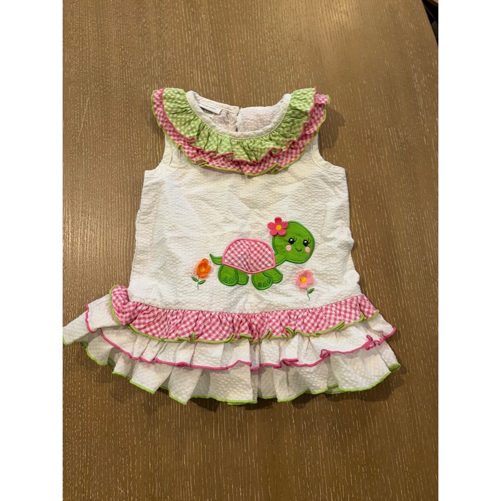 Bonnie Jean Girls 2T White Seersucker Turtle Dress Pink Green Gingham Ruffles
